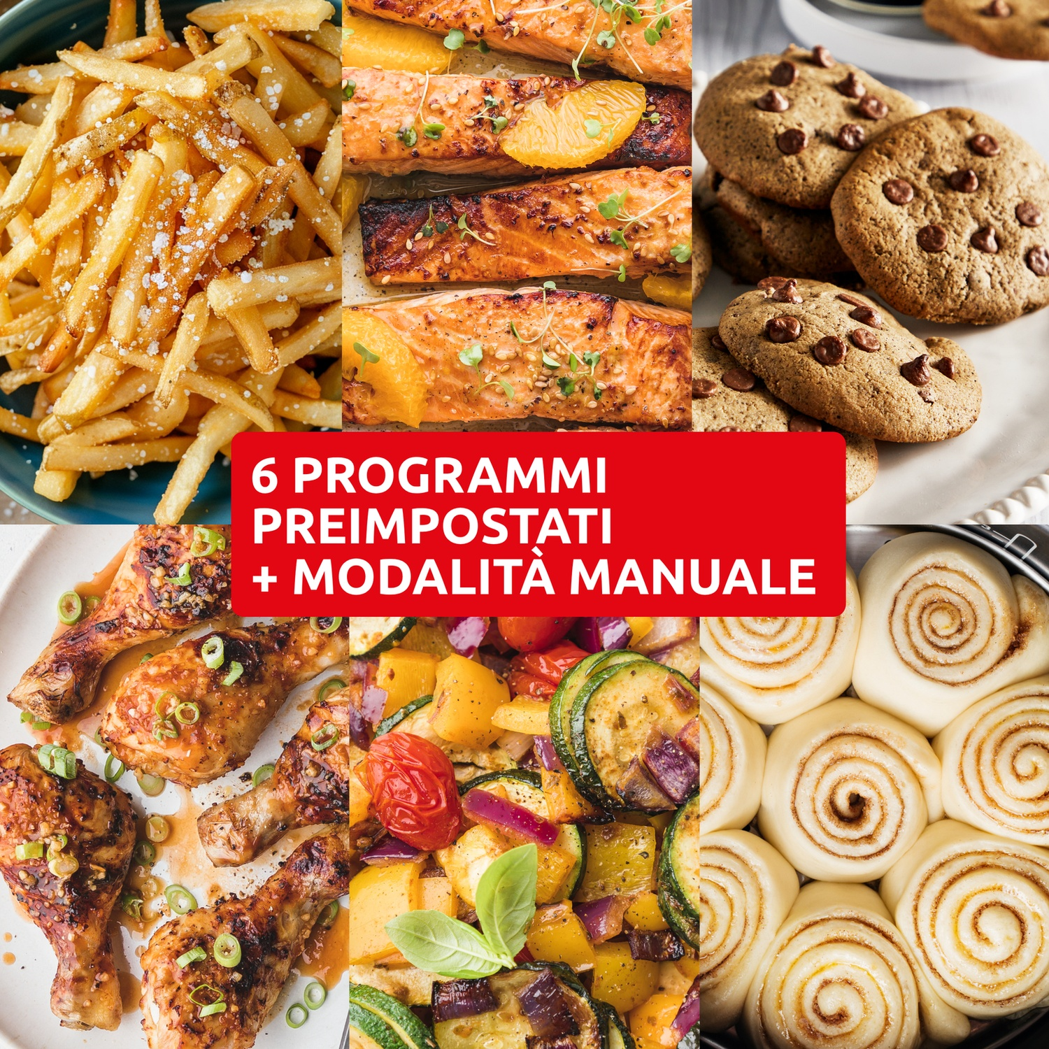 Collage di cibi con patatine, salmone, biscotti, pollo, verdure e girelle alla cannella.