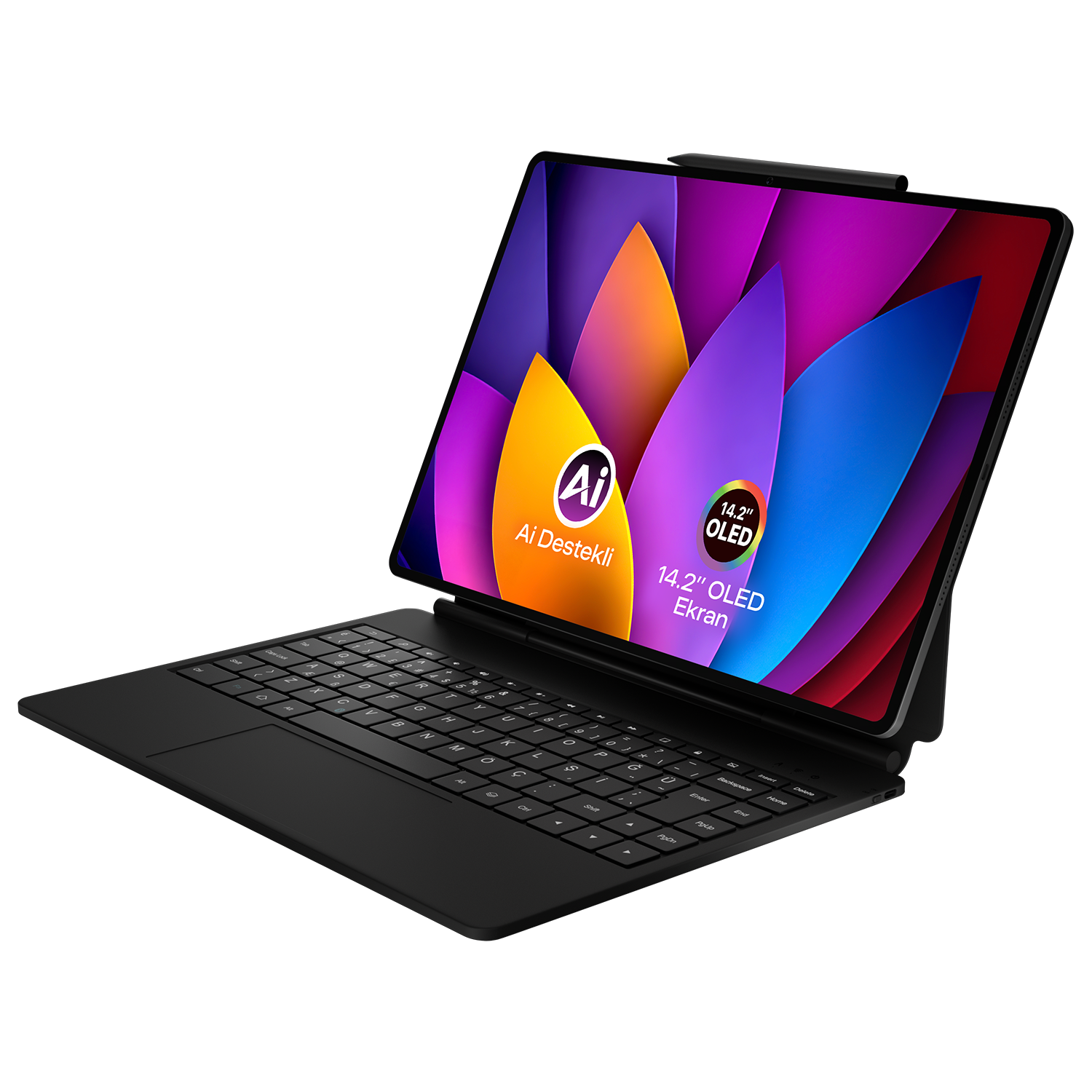 Koyu arka planda klavyeli ve renkli OLED ekranlı siyah tablet.