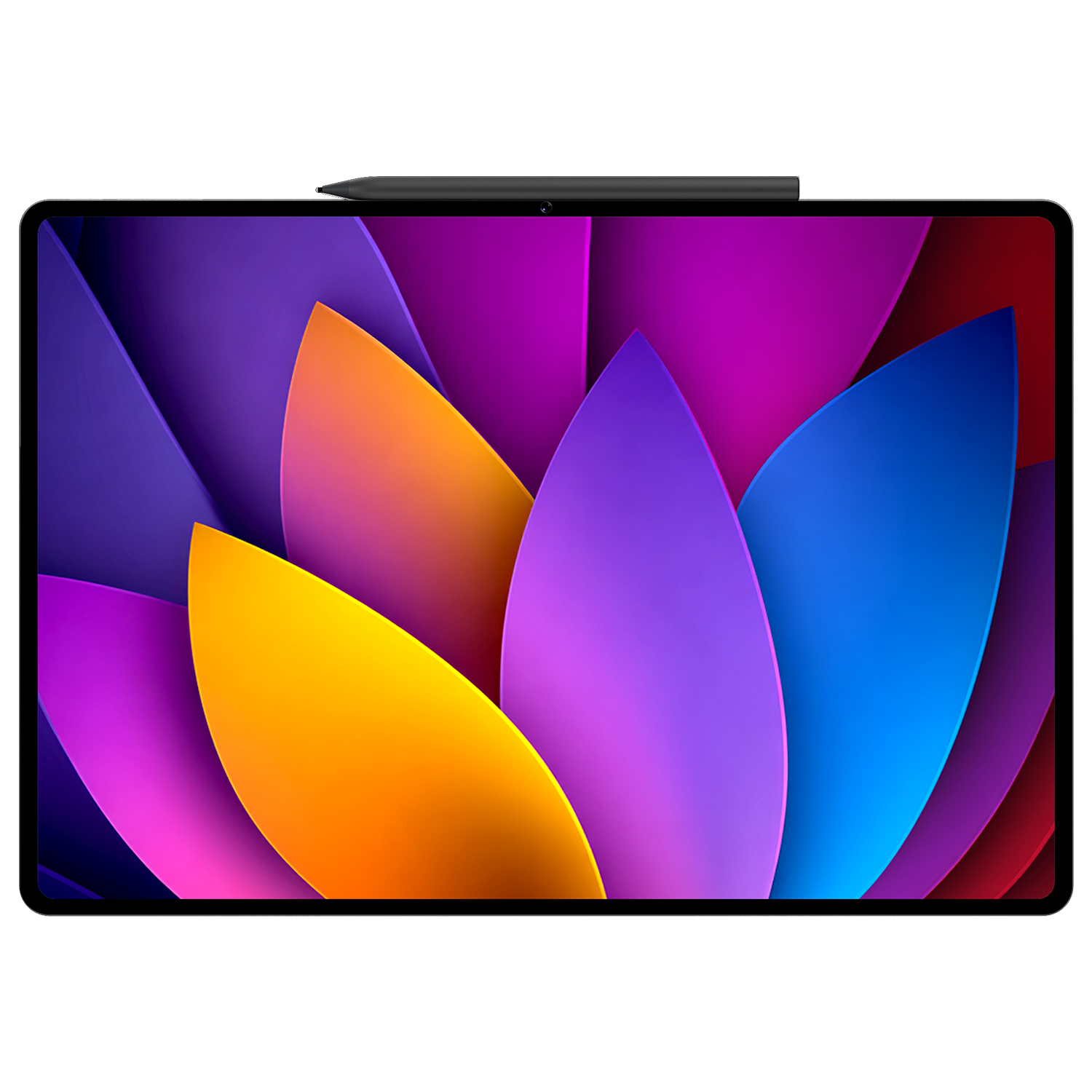 Bir tablette renkli soyut taç yaprakları deseni ve üst kenarında bir kalem var.