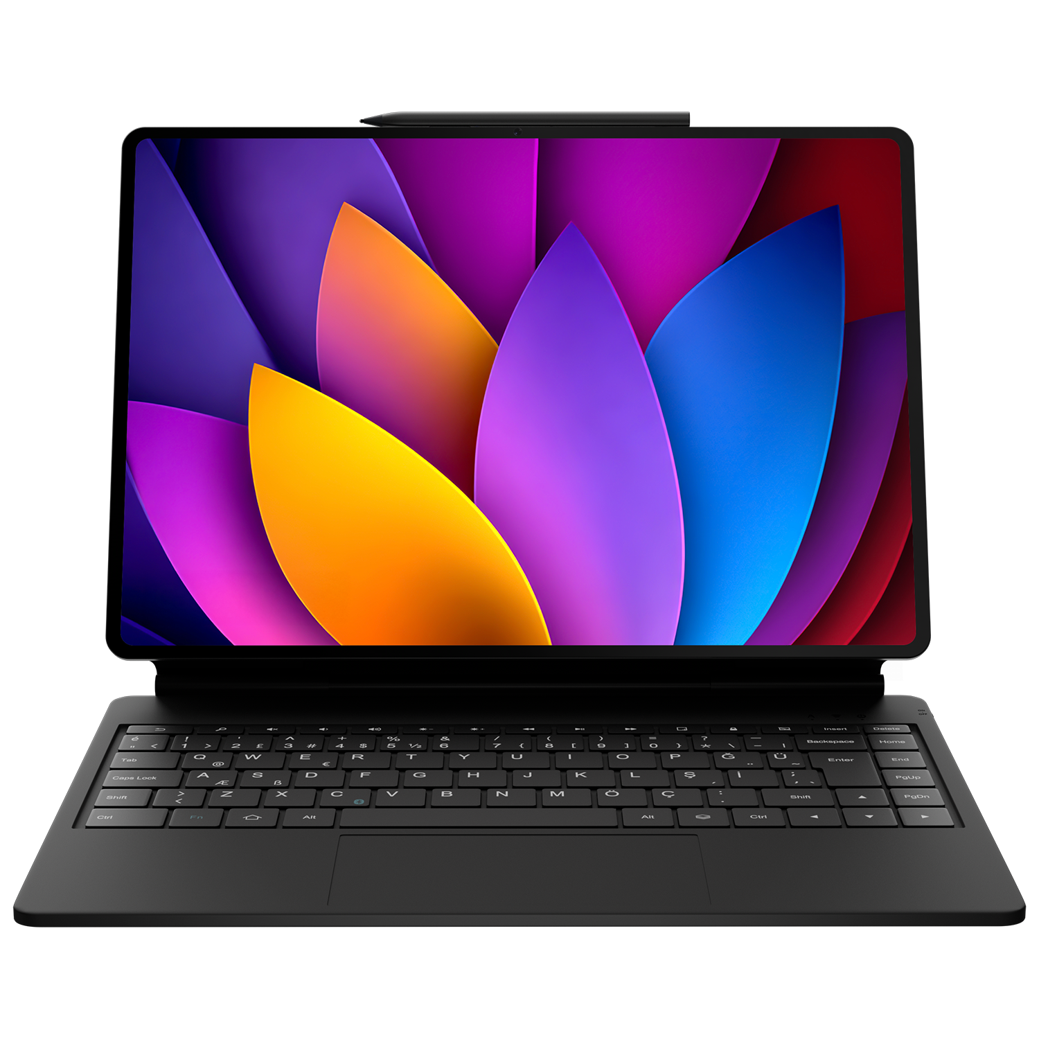 Ekranında renkli çiçek grafikleri olan siyah bir tablet, siyah arkaplanda siyah bir klavyeye bağlı.