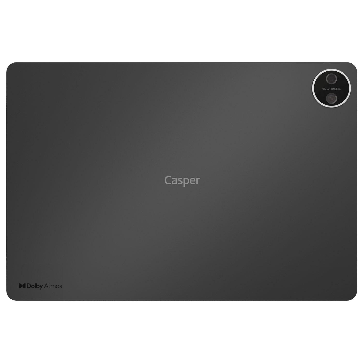 Kamerası ve Dolby Atmos logosu olan koyu renkli bir Casper tabletin arkası.