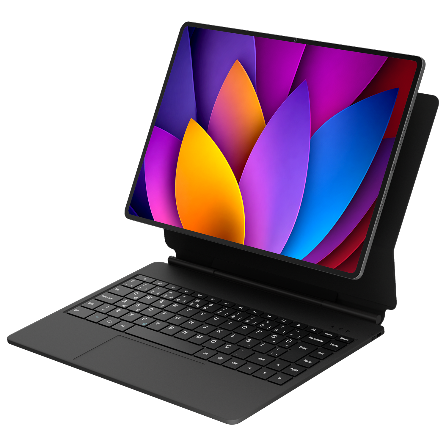 Siyah arka plan önünde renkli ekranlı, siyah klavye kılıfına takılı bir tablet.