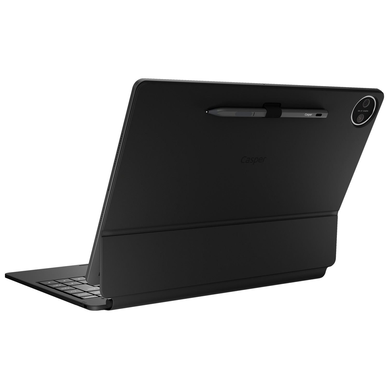 Siyah arkaplanda kalem ve klavyeli kılıf ile duran siyah tablet.