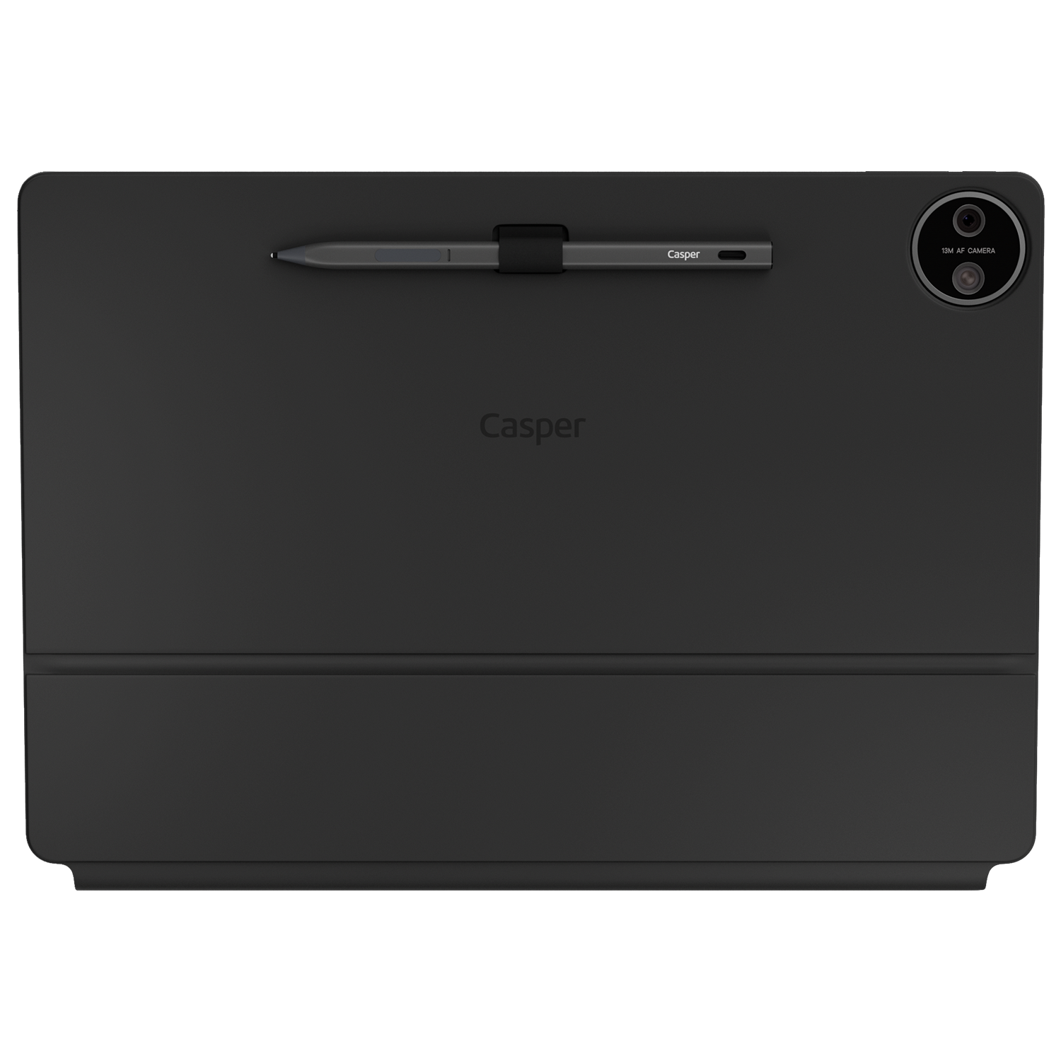 Arkada kalemi ve yuvarlak kamerası olan siyah bir Casper tablet kılıfı.