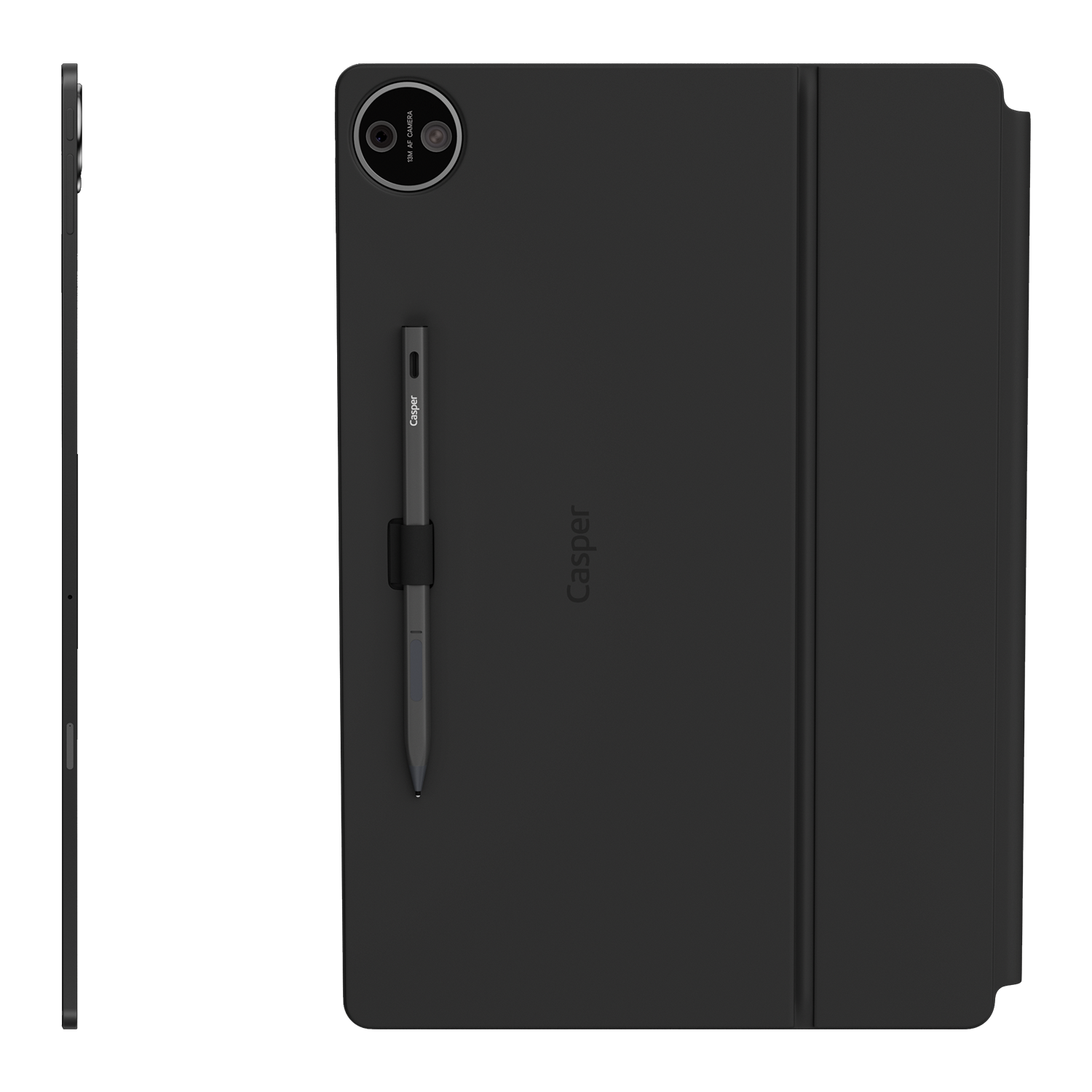 Kılıflı, kalemli ve kameralı siyah Casper tablet, karanlık arka planda.