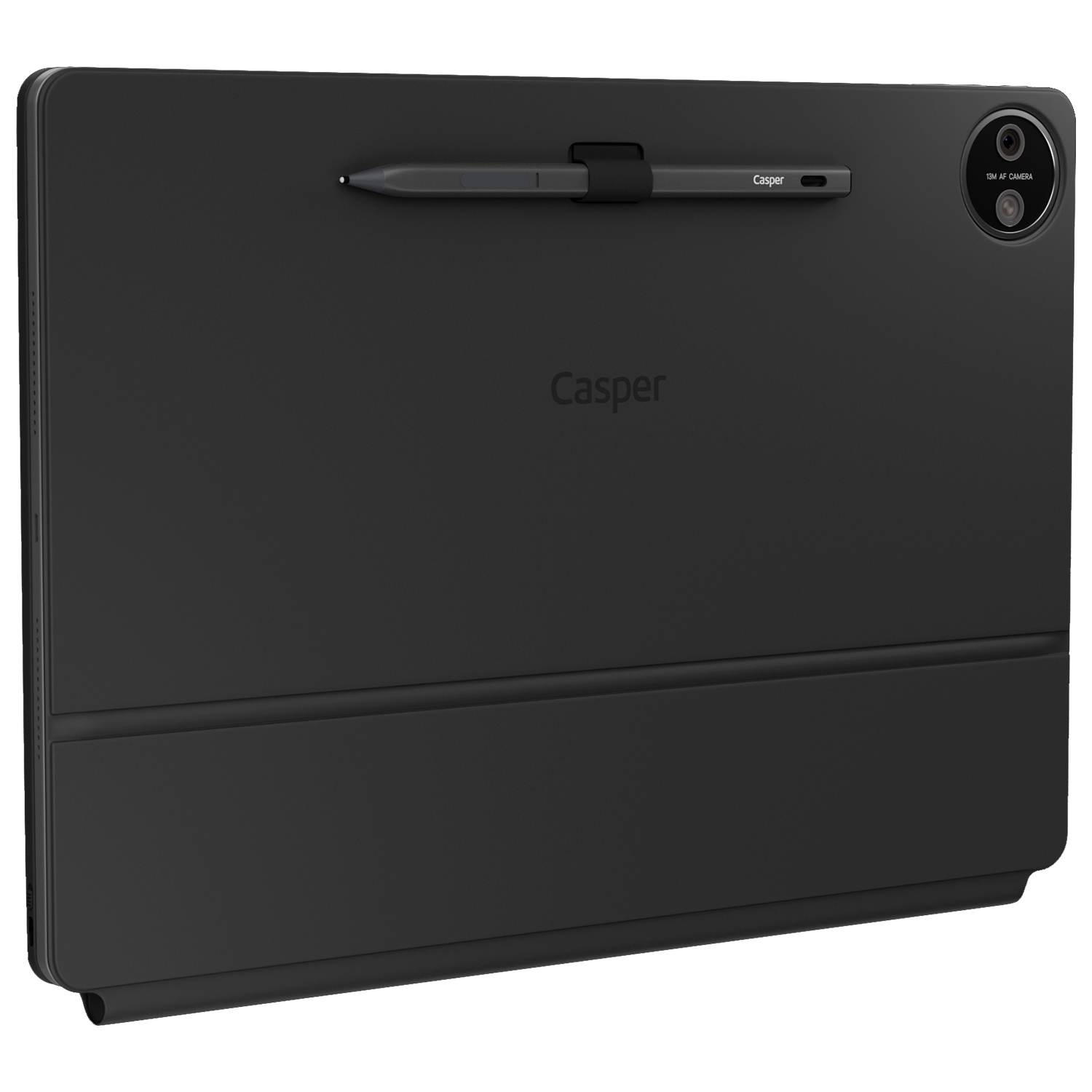 Arka tarafında manyetik olarak tutturulmuş kaleme ve yuvarlak kamera modülüne sahip kılıflı siyah Casper tablet.
