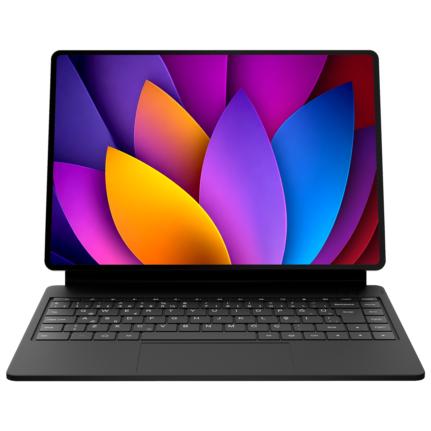Ekranında renkli yaprak grafikleri olan siyah bir tablet, siyah bir klavyeye bağlı.