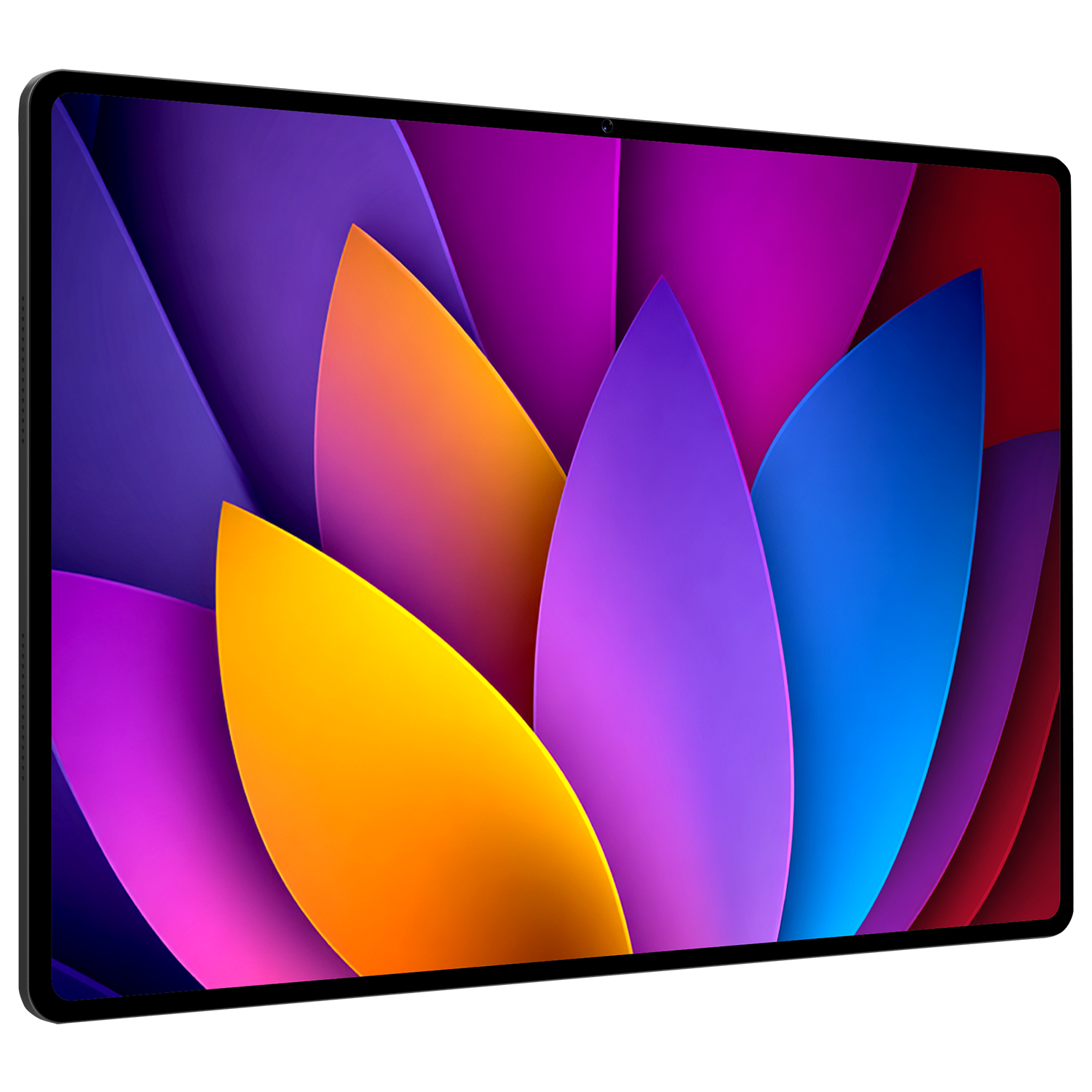 Bir tablet, sarı, mor, macenta ve mavi katmanlı taç yapraklara sahip renkli, soyut bir çiçek duvar kağıdı gösteriyor.