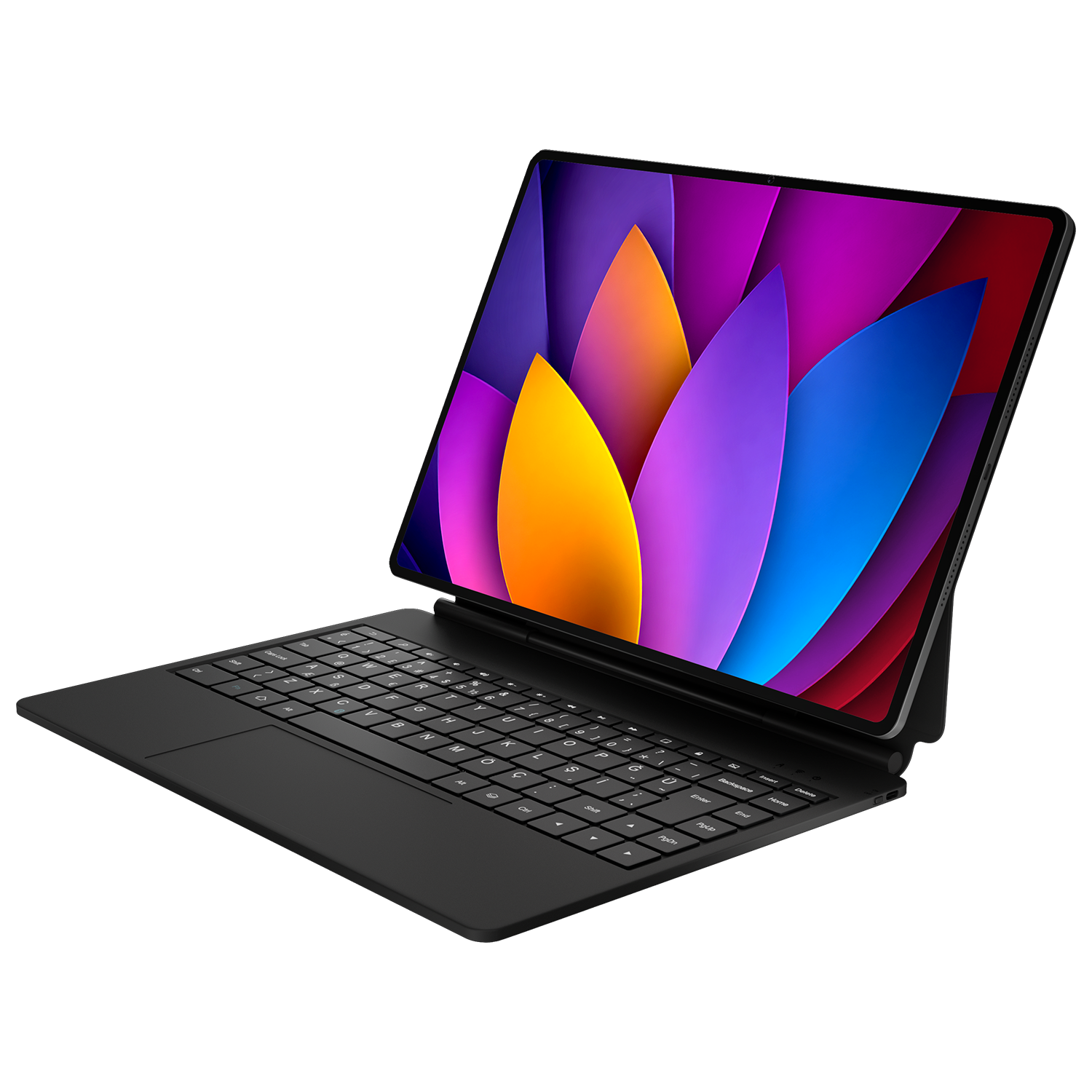 Klavye yuvasına sahip siyah bir tablet, siyah arka planda renkli, yaprak benzeri şekiller gösteren bir ekrana sahiptir.