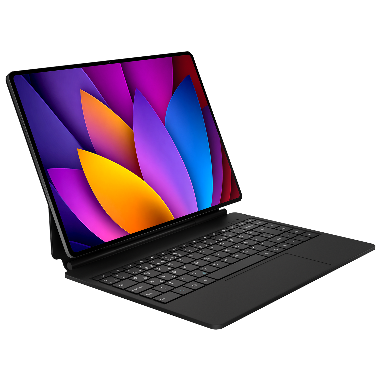 Klavyeli kılıf içindeki siyah bir tablet, siyah arka planda soyut renkli bir ekran gösteriyor.