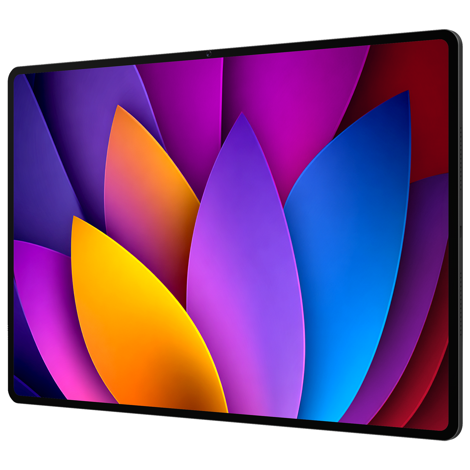 Bir tablet, sarı, mor ve mavi renklerde üst üste binen taç yaprağı şekilleriyle renkli bir ekran görüntüler.