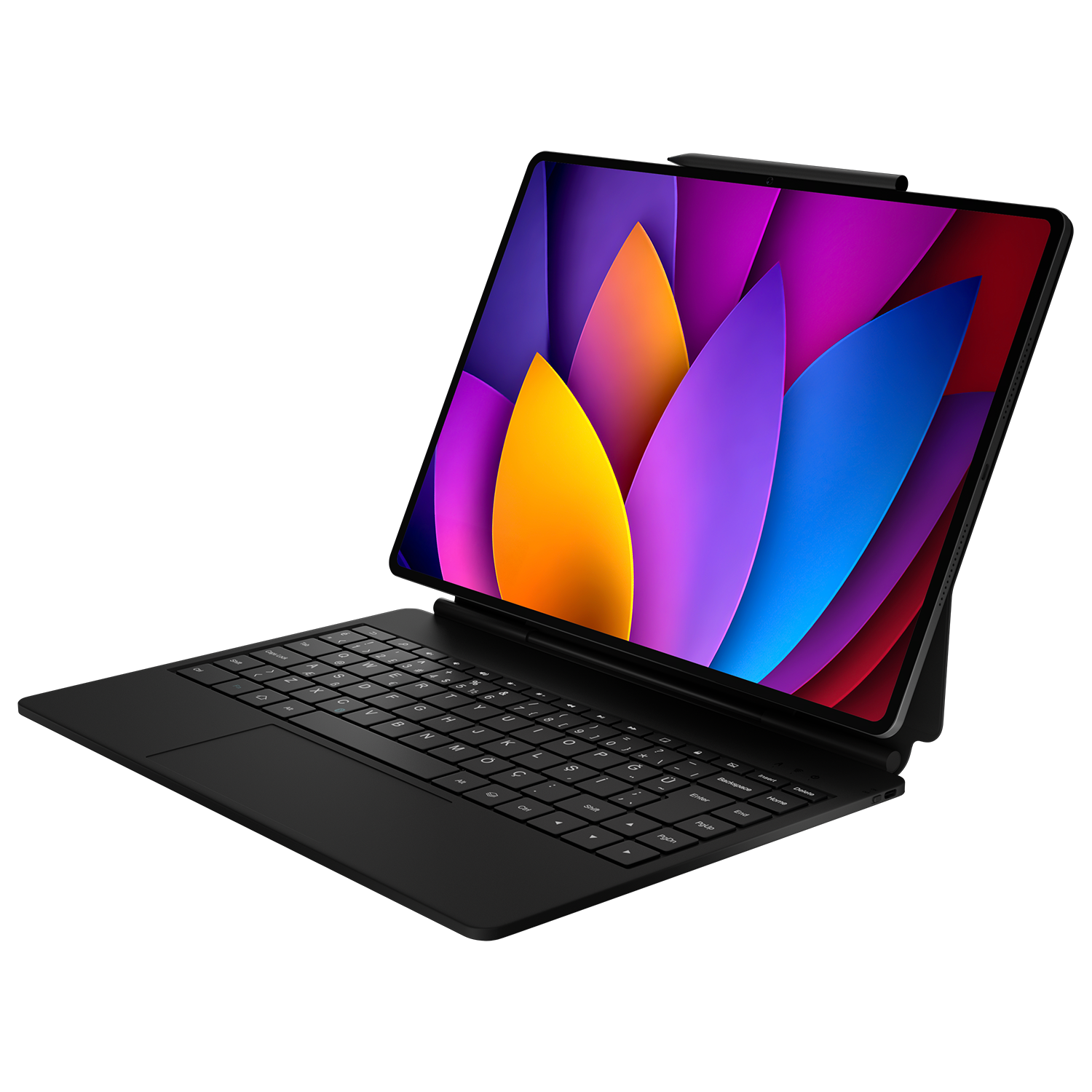 Klavyeli kılıf içindeki siyah tablet, siyah arka planda renkli, çiçek benzeri soyut bir ekran gösteriyor.