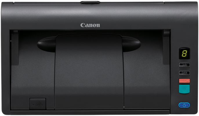 Uno scanner di documenti Canon grigio con pulsanti e un display a destra.