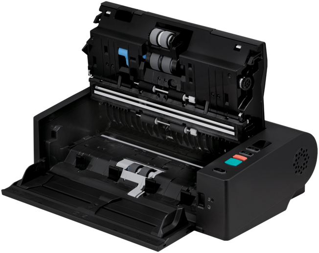 Scanner per documenti nero con coperchio superiore aperto, che mostra guide carta e rulli.
