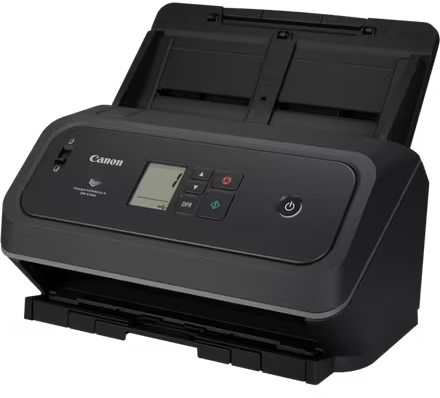 Uno scanner di documenti Canon nero con vassoio carta aperto e pulsanti di controllo sul pannello frontale.