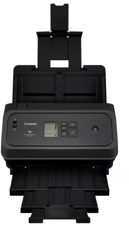 Uno scanner per documenti Canon nero visto frontalmente su sfondo scuro.
