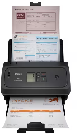 Uno scanner di documenti Canon nero elabora fogli con ordini di prova e una fattura.
