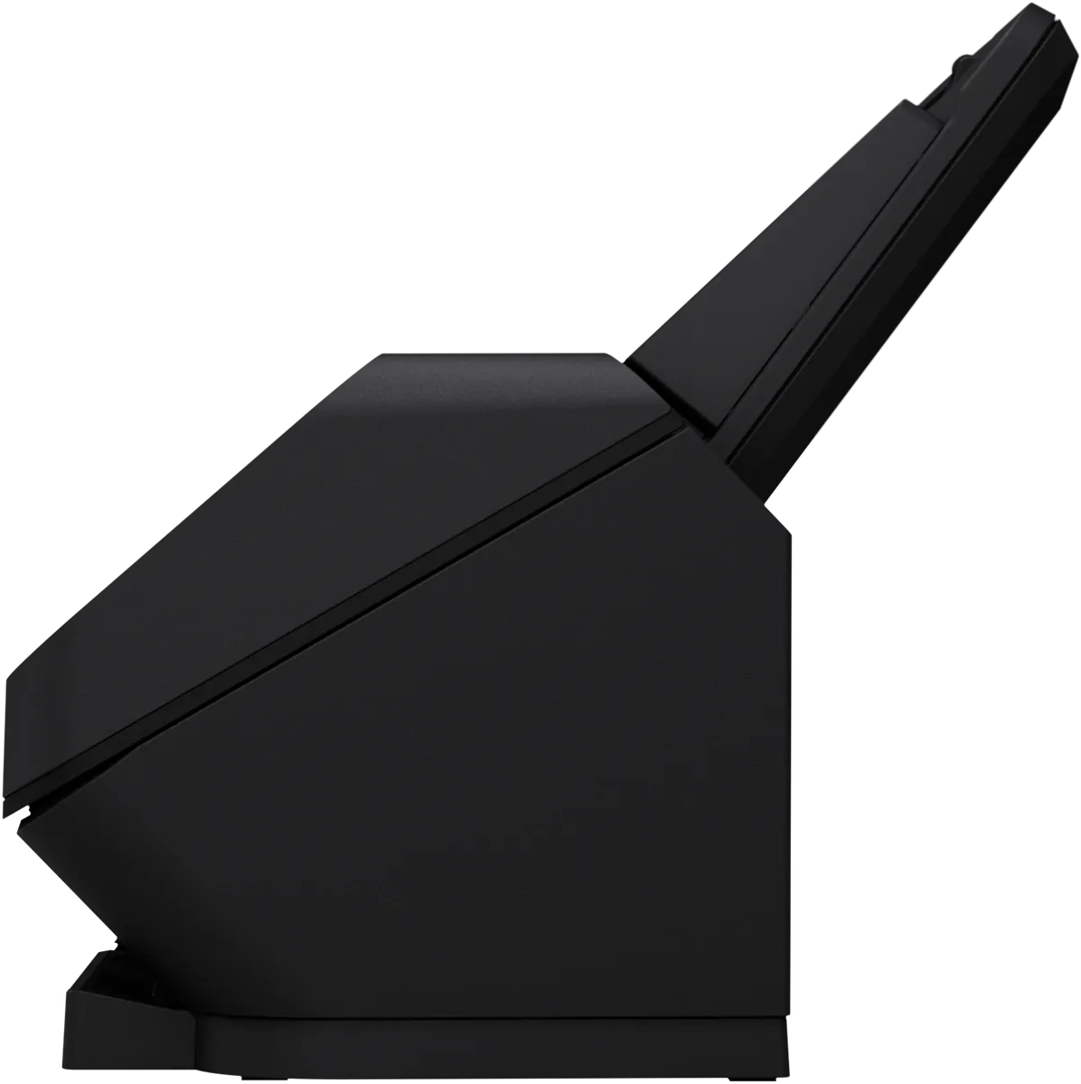Dispositivo elettronico nero dal design moderno su sfondo nero.