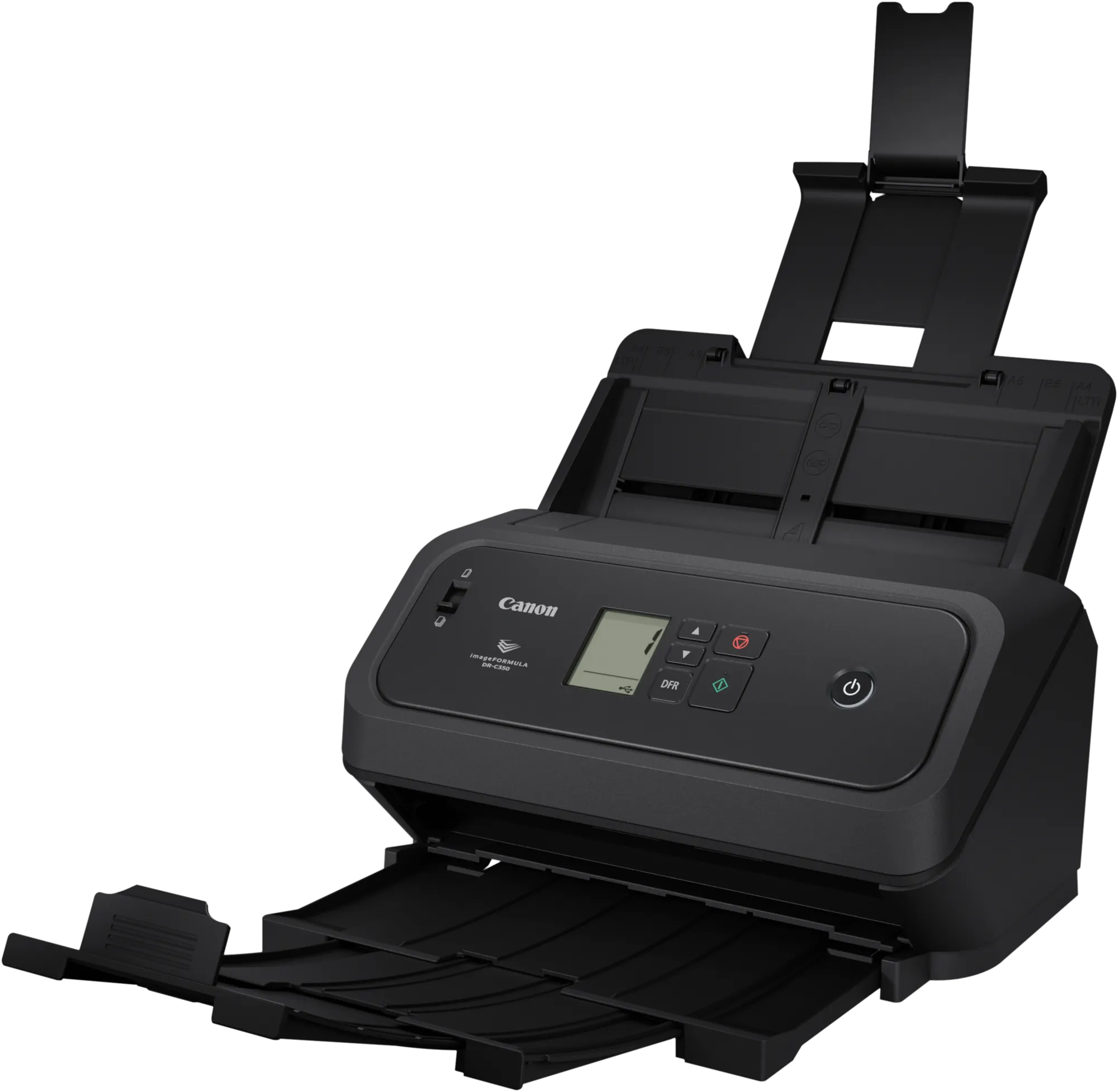 Uno scanner di documenti Canon nero con vassoio di alimentazione e uscita esteso su sfondo nero.