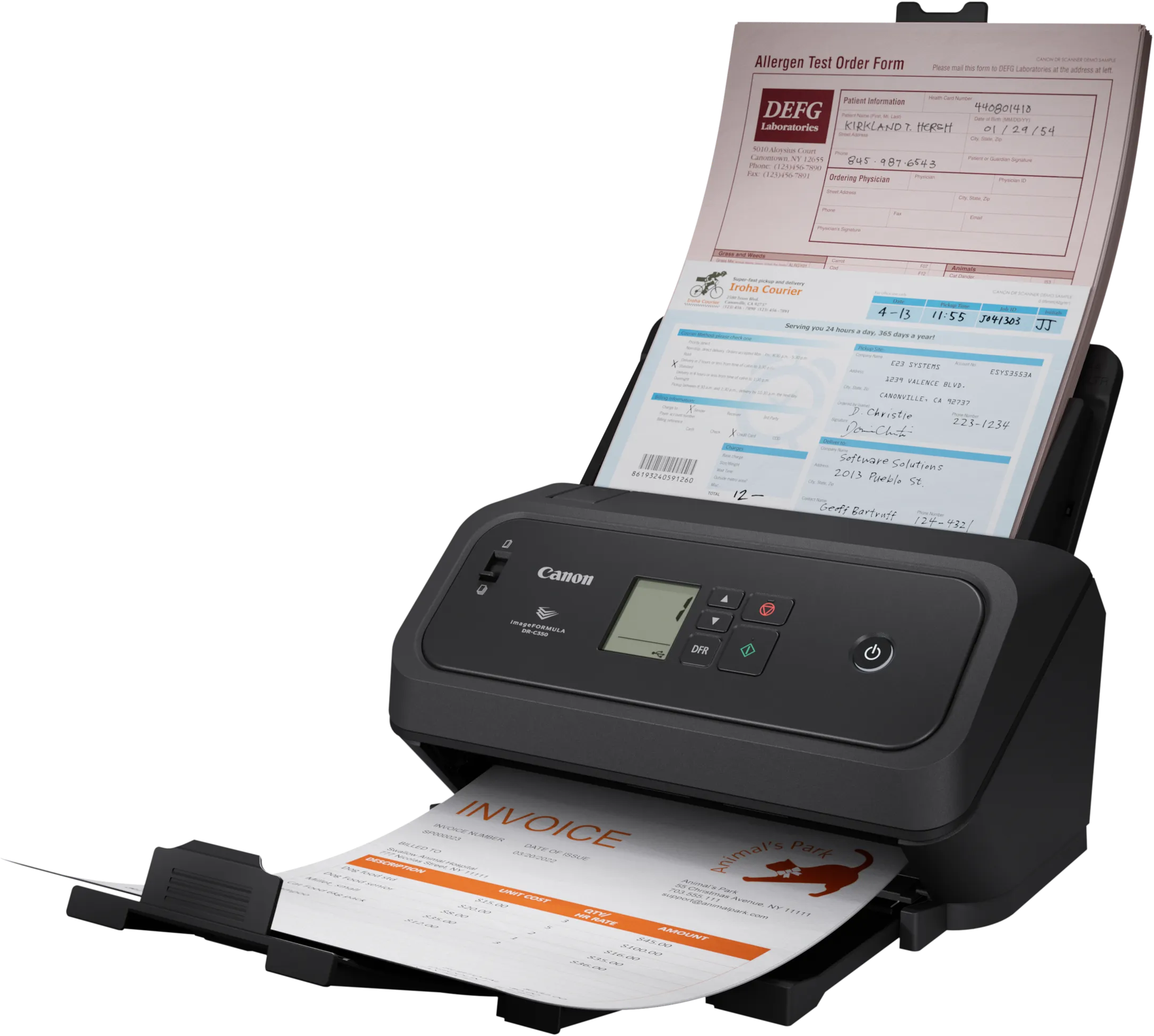 Uno scanner per documenti Canon nero alimenta una pila di documenti ed emette una fattura.