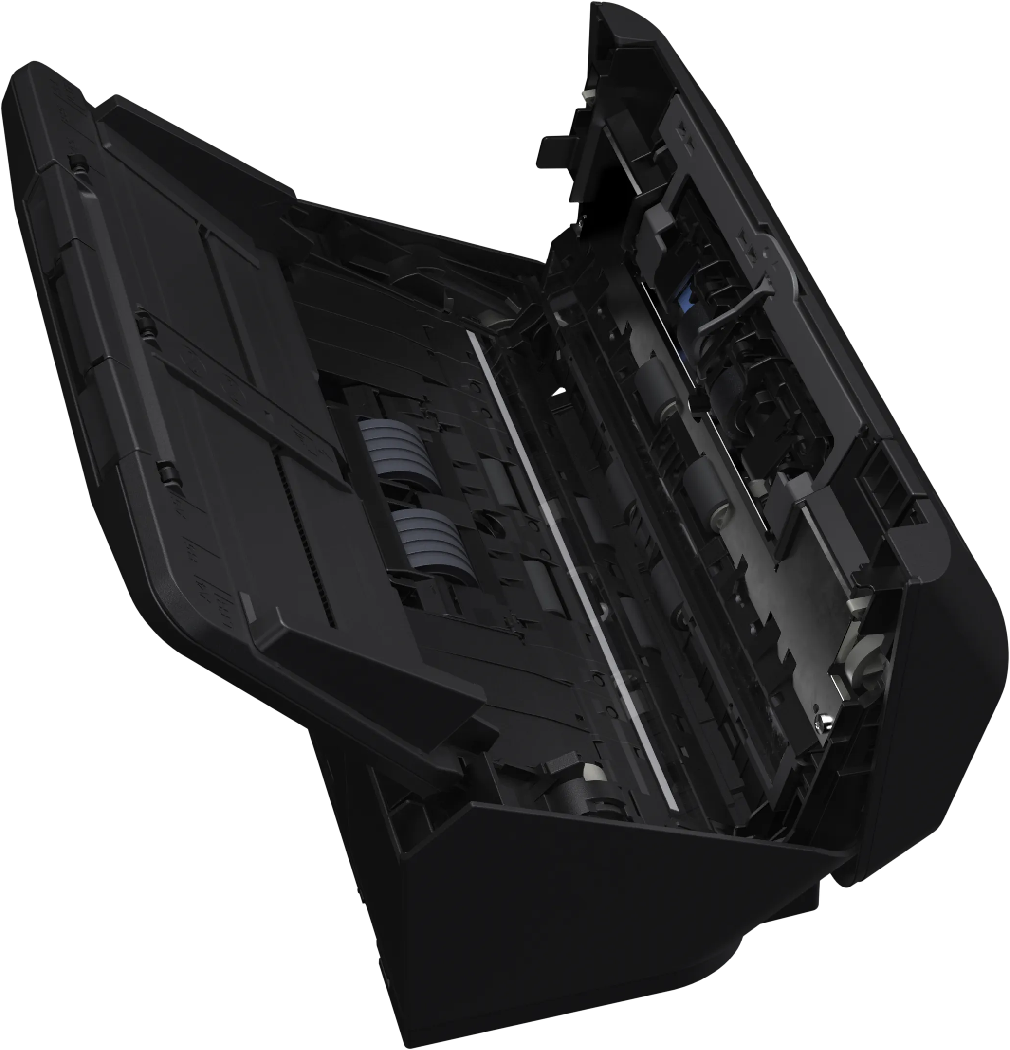 Vista interna di uno scanner per documenti nero con coperchio aperto, rulli ed elementi di scansione.