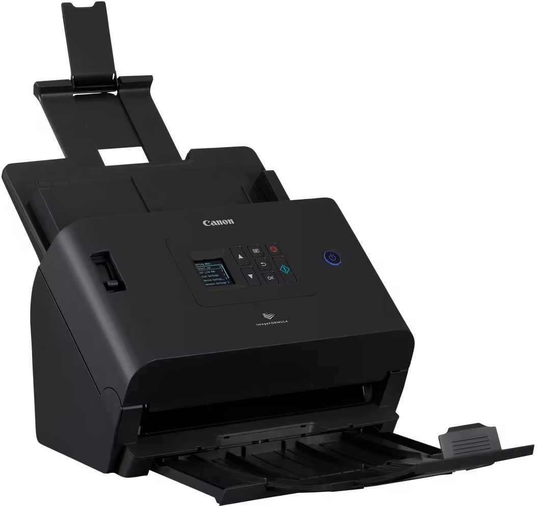Ein schwarzer Canon imageFORMULA Dokumentenscanner mit geöffneten Ein- und Ausgabefächern auf schwarzem Hintergrund.