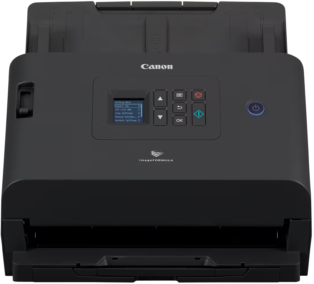 Ein schwarzer Canon imageFORMULA Dokumentenscanner mit Bedienfeld, Display und ausgeklappten Papierfächern.
