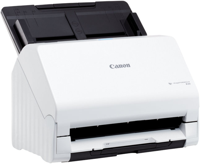 Uno scanner per documenti Canon bianco su sfondo nero.