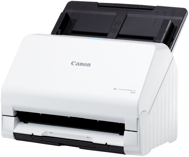 Uno scanner per documenti Canon bianco su sfondo nero.