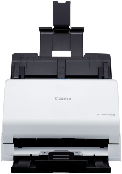 Uno scanner per documenti Canon bianco su sfondo nero con guide per la carta estese.