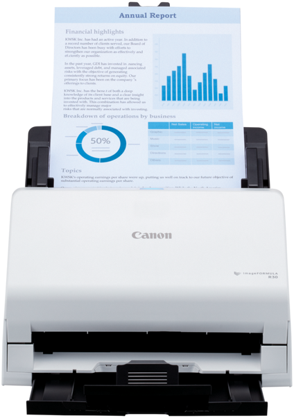 Uno scanner Canon bianco alimenta un documento di una pagina che mostra grafici e testo di un rapporto annuale.