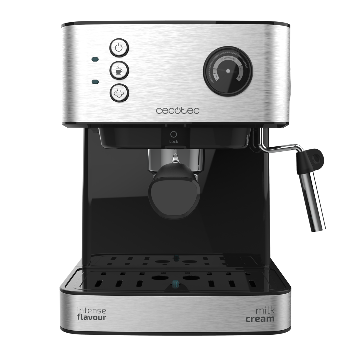 Una cafetera Cecotec plateada y negra con botones, manómetro y vaporizador sobre fondo negro.