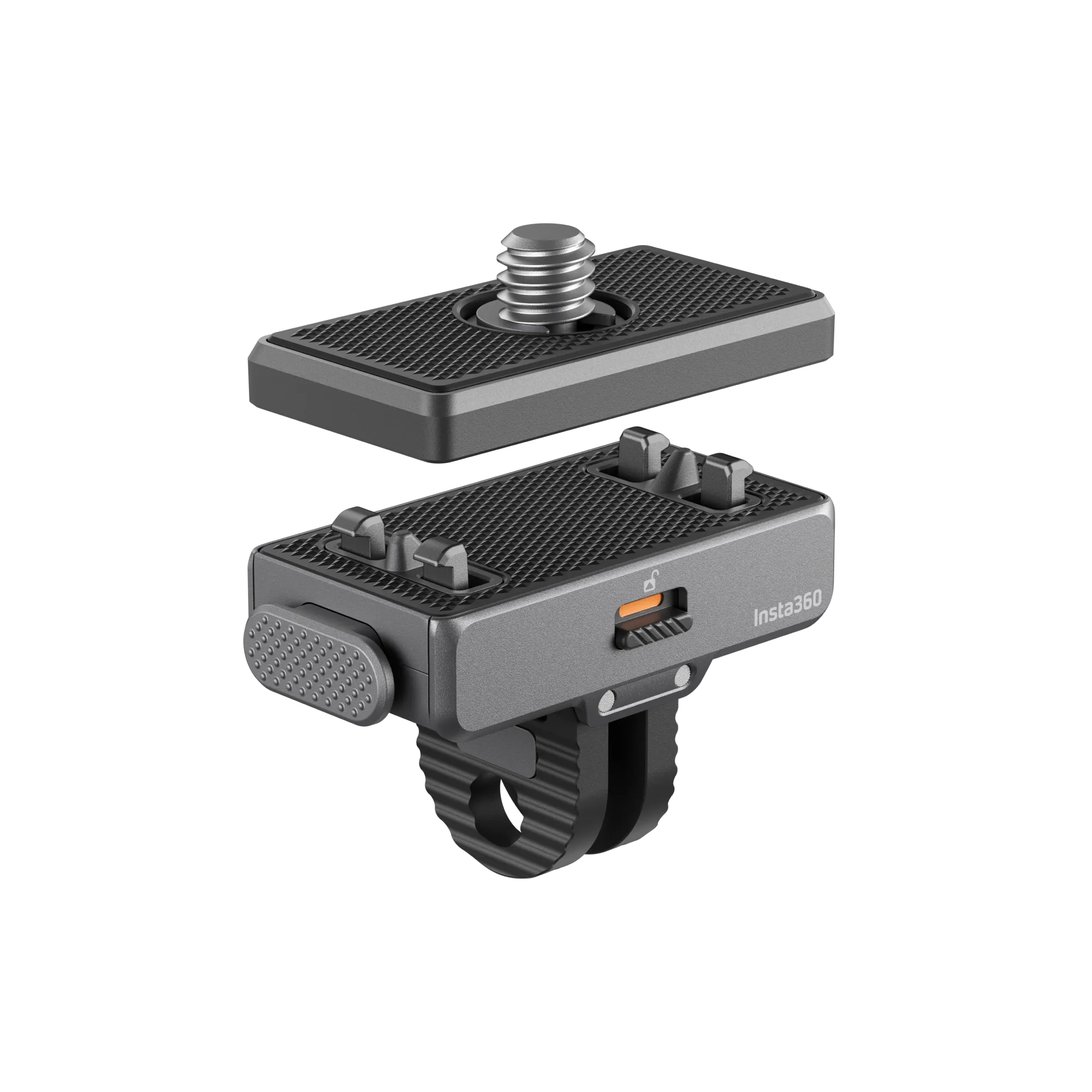 Graue Insta360-Kamera-Schnellwechselplatte mit Schraube und Verriegelungsmechanismus.