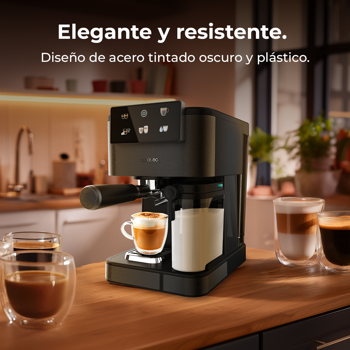 Una cafetera negra en una encimera de madera con tazas de café y texto.