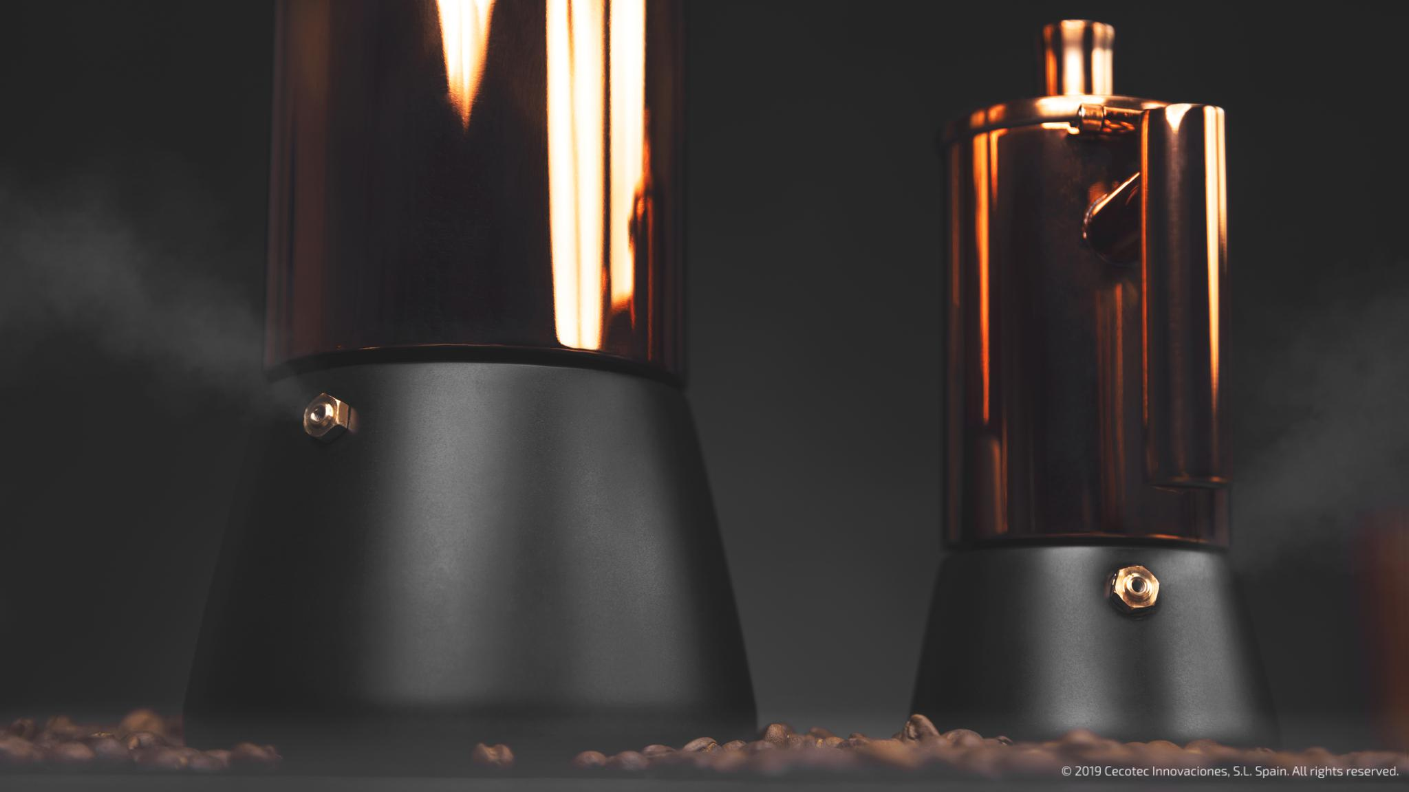 Dos modernas cafeteras moka de cobre y metal negro sobre granos de café, rodeadas de ligero vapor.