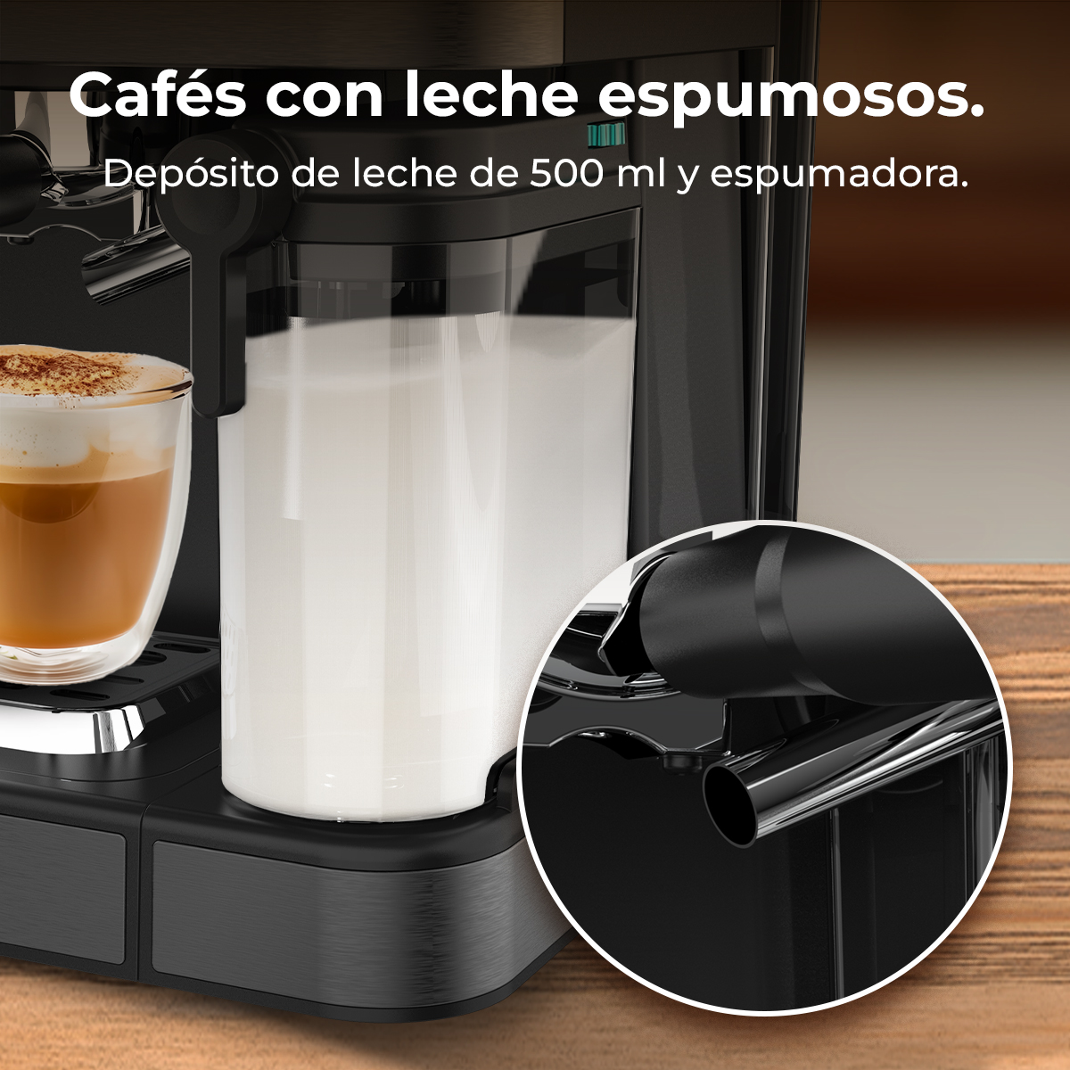 Cafetera con depósito de leche y un vaso de capuchino. Un círculo ampliado muestra la boquilla.