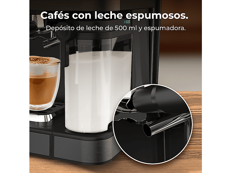 Cafetera express - Cecotec Power Espresso ColdBrew Latte Dark Tamp, ColdBrew, Pantalla táctil, 20 bares, 1350 W, Leche 500 ml, Negro