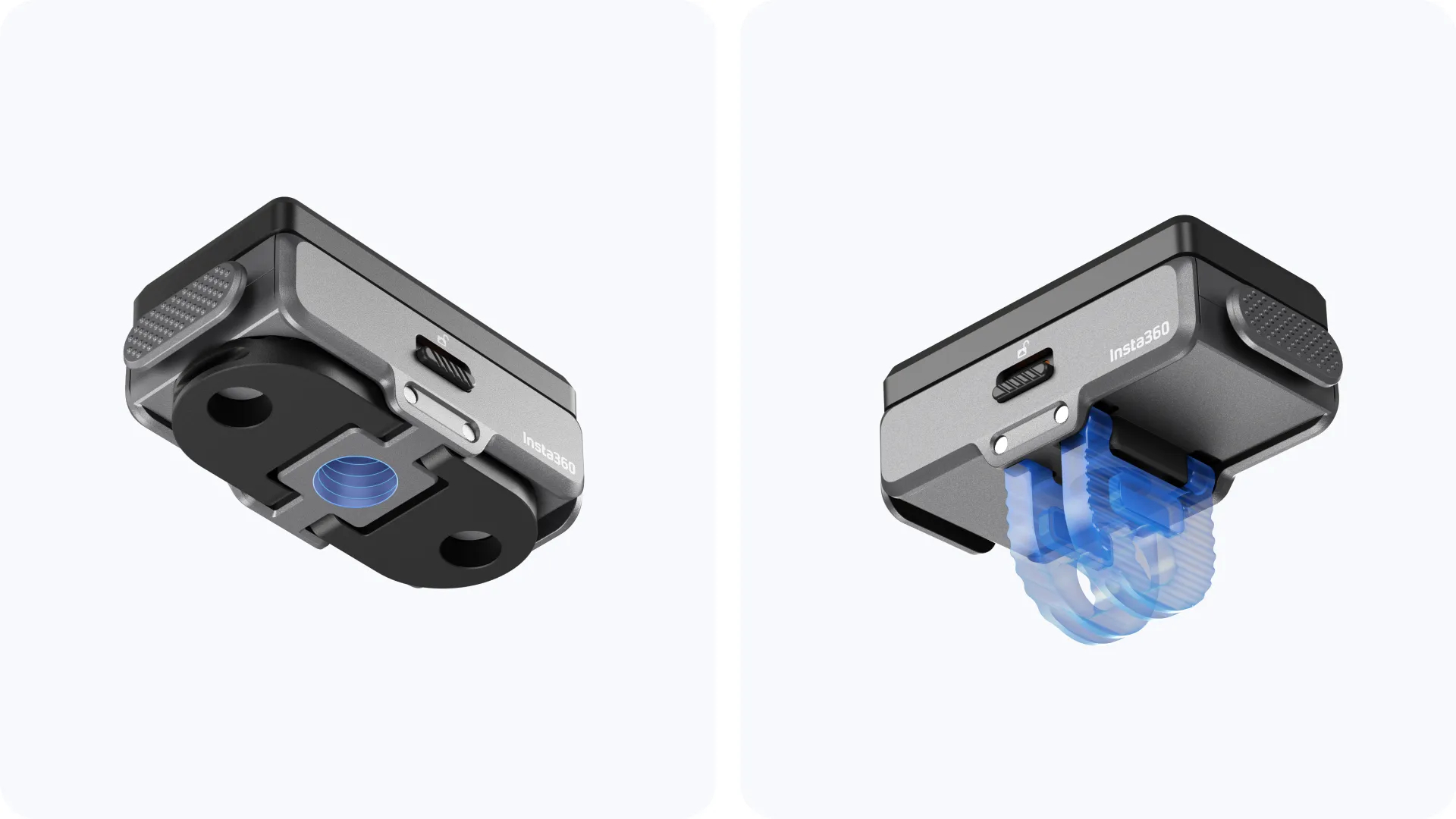 Zwei graue Insta360-Kamerahalterungen mit blauen Details auf weißem Hintergrund.