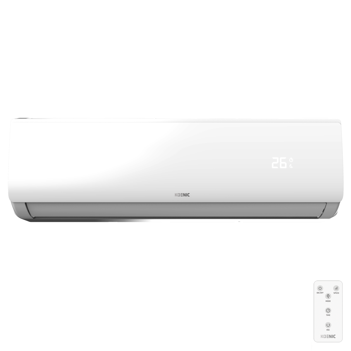 Aire acondicionado blanco Koenic con pantalla digital y pequeño control remoto blanco sobre fondo negro.
