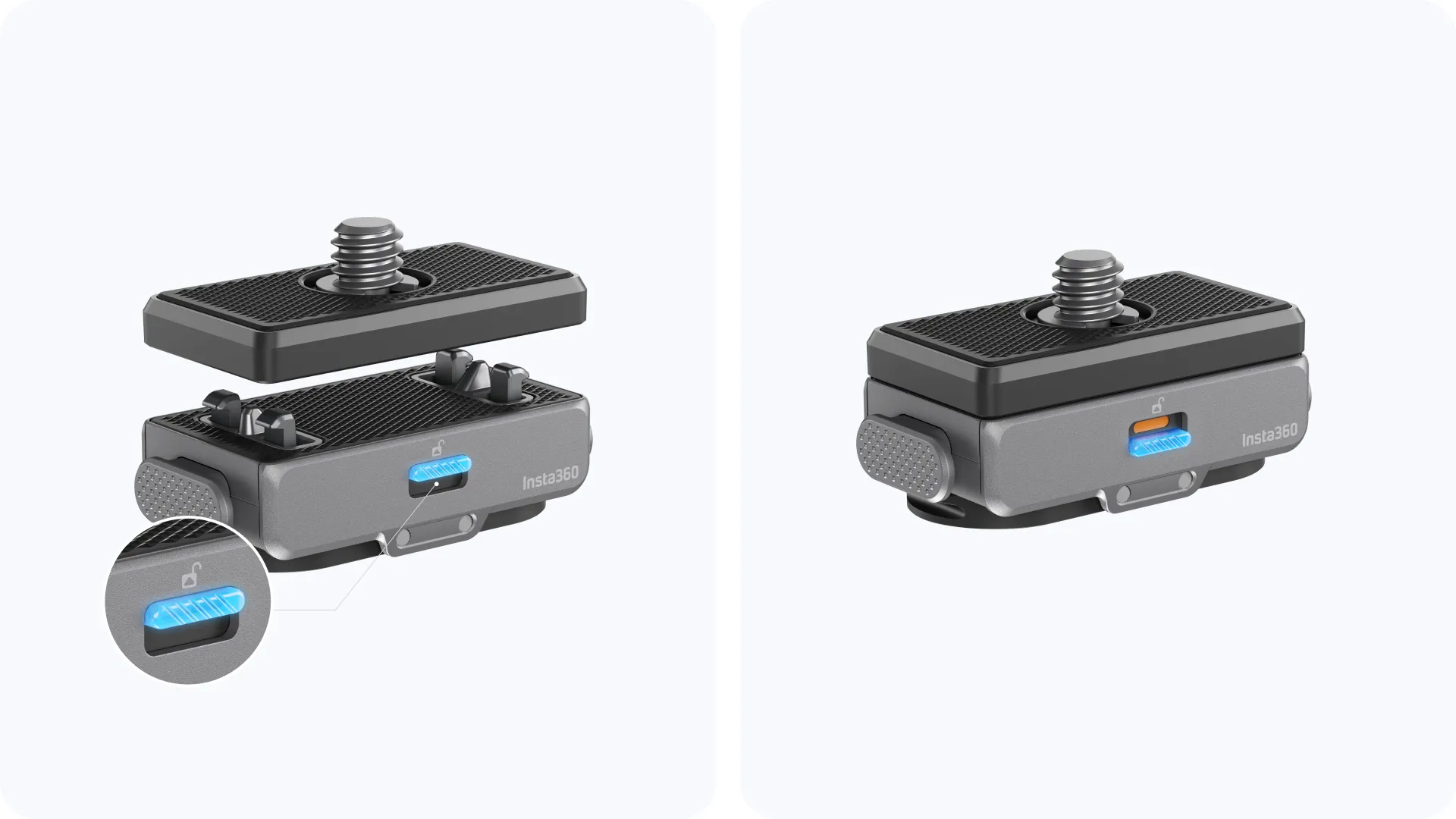 Insta360 Kamerahalterung mit abnehmbarer Schnellwechselplatte und blauer Entriegelungstaste.
