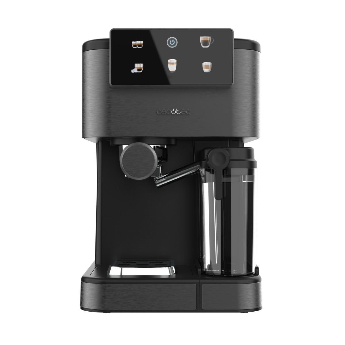 Moderna cafetera negra con pantalla táctil y recipiente para leche.