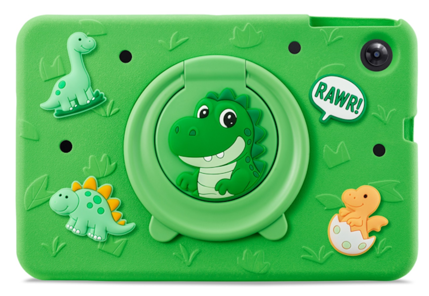 Una funda verde para tableta con diseño de dinosaurio, soporte de anillo y decoraciones de dibujos.