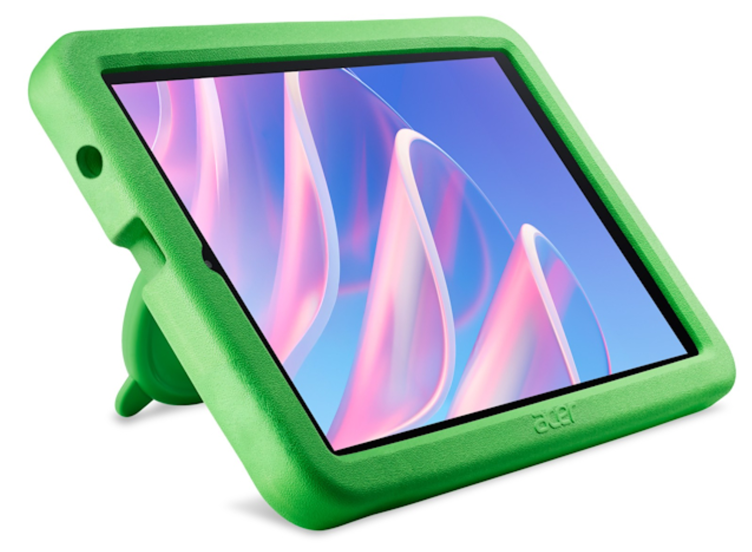 Una tableta verde dentro de una funda protectora gruesa con soporte integrado muestra un fondo de pantalla abstracto.