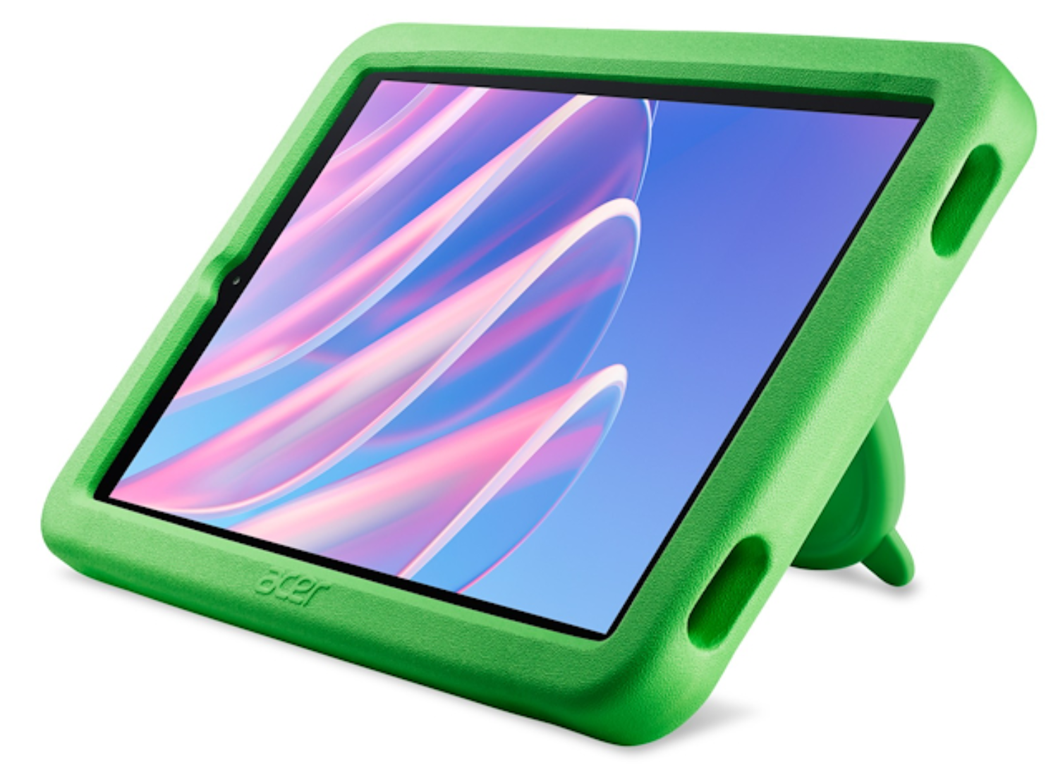 Una tableta en una funda protectora verde con un soporte integrado y olas coloridas en la pantalla.