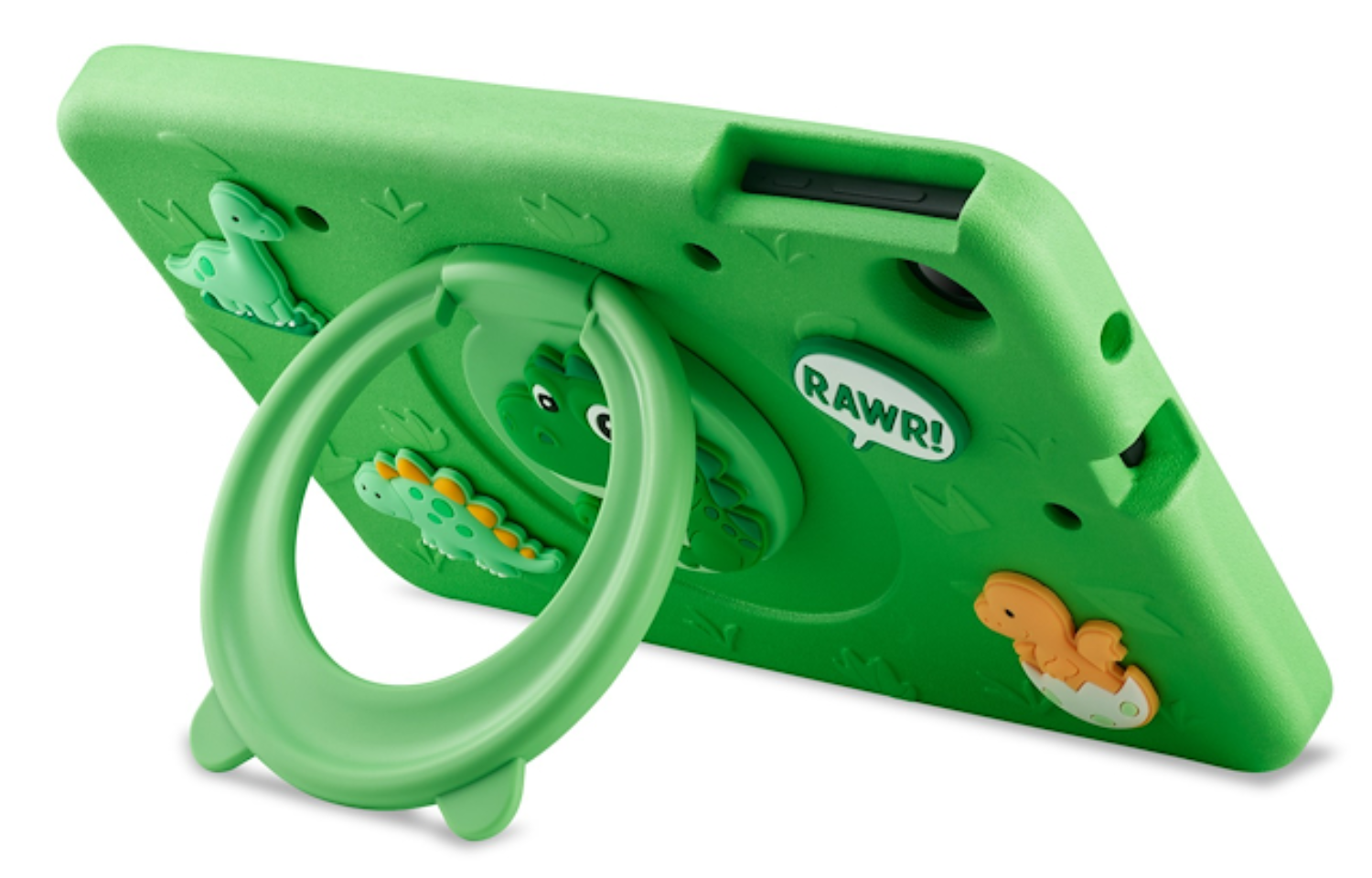 Una funda verde para tablet de niños con diseños de dinosaurios y soporte de anillo circular integrado sobre fondo blanco.