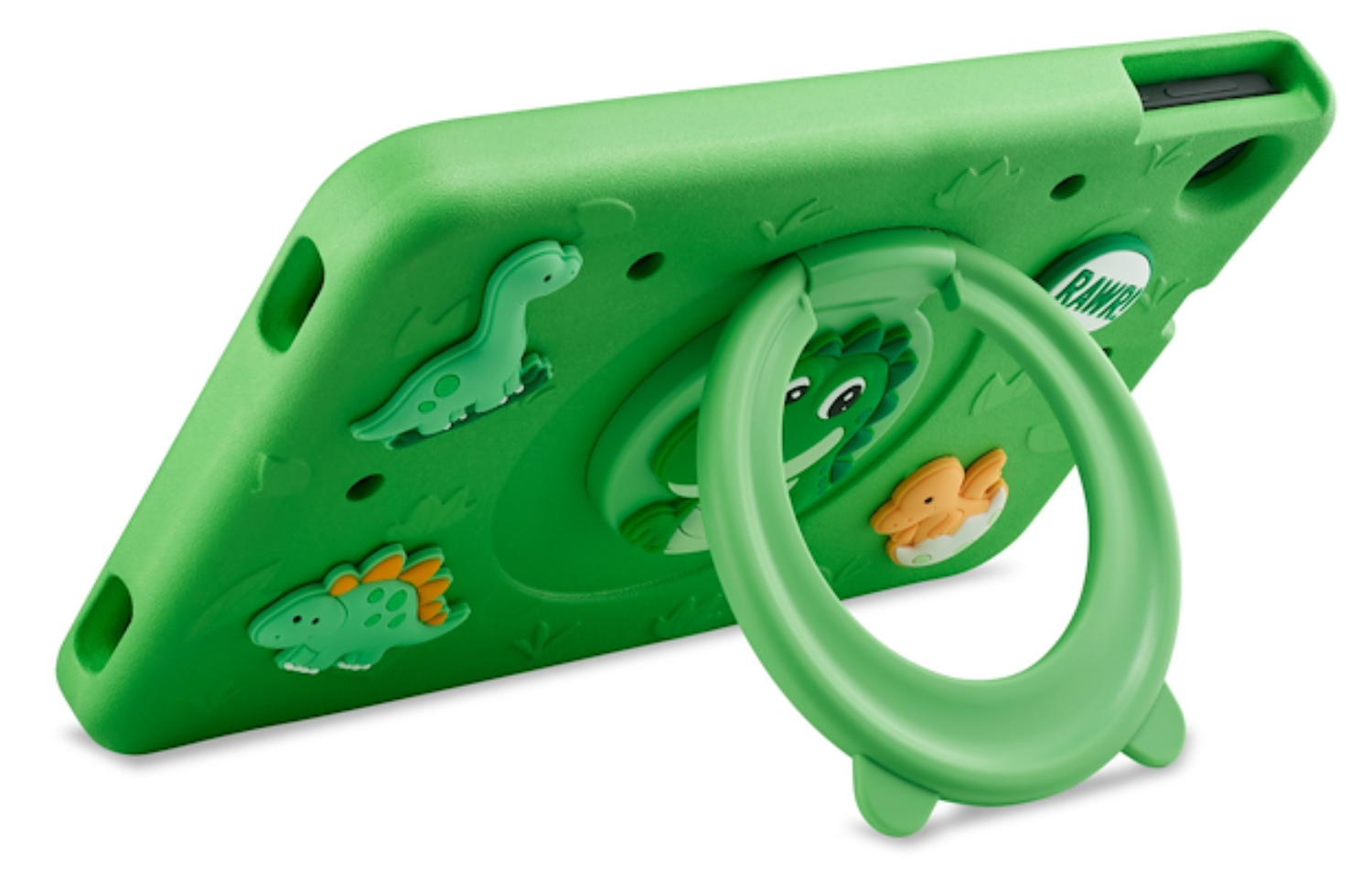 Fundadora de tableta verde para niños con diseño de dinosaurios y soporte circular integrado en la parte trasera.