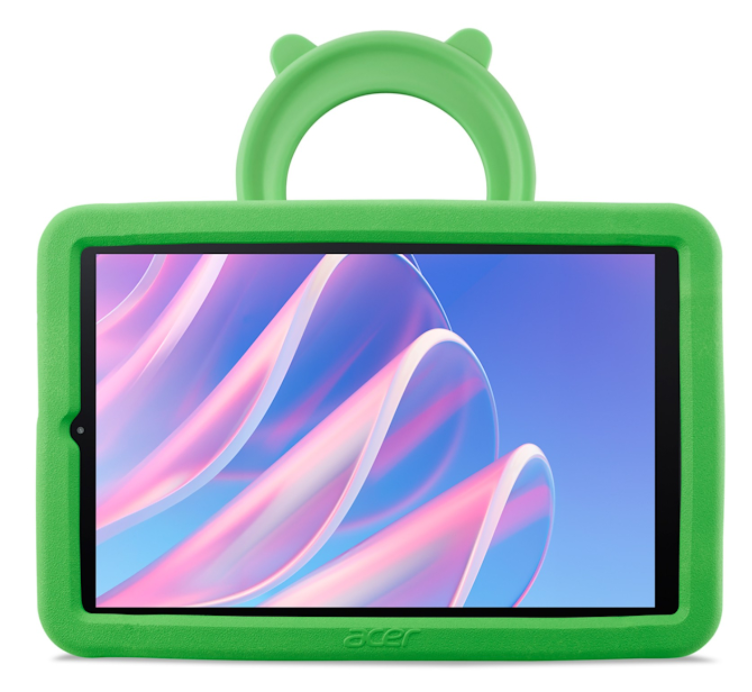 Tableta verde en funda de silicona con asa de orejas de gato y pantalla abstracta rosa y azul.