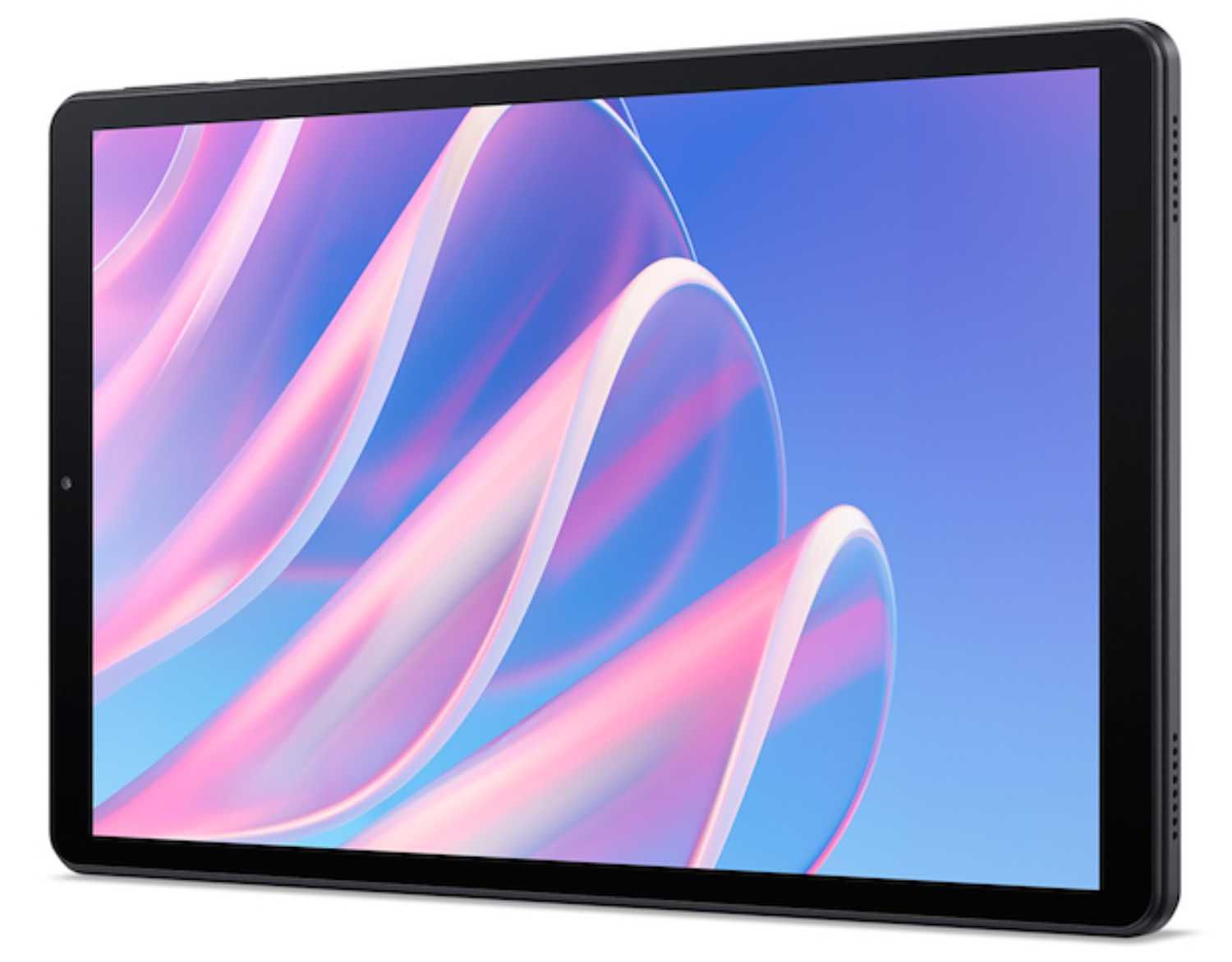 Una tablet negra muestra un fondo colorido con ondas abstractas rosas, blancas y azules.