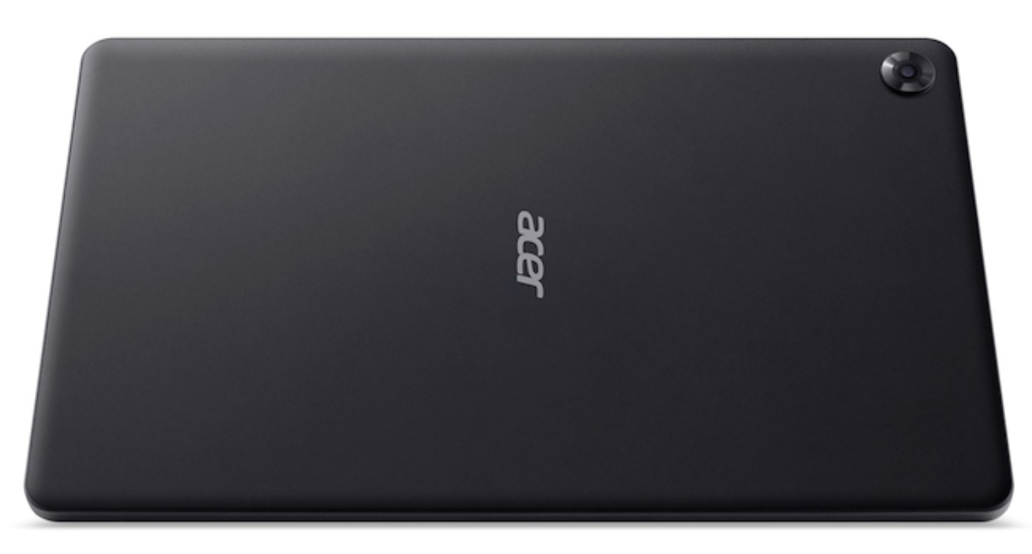 Parte trasera de una tableta Acer negra con letras plateadas y una cámara en la esquina superior derecha.