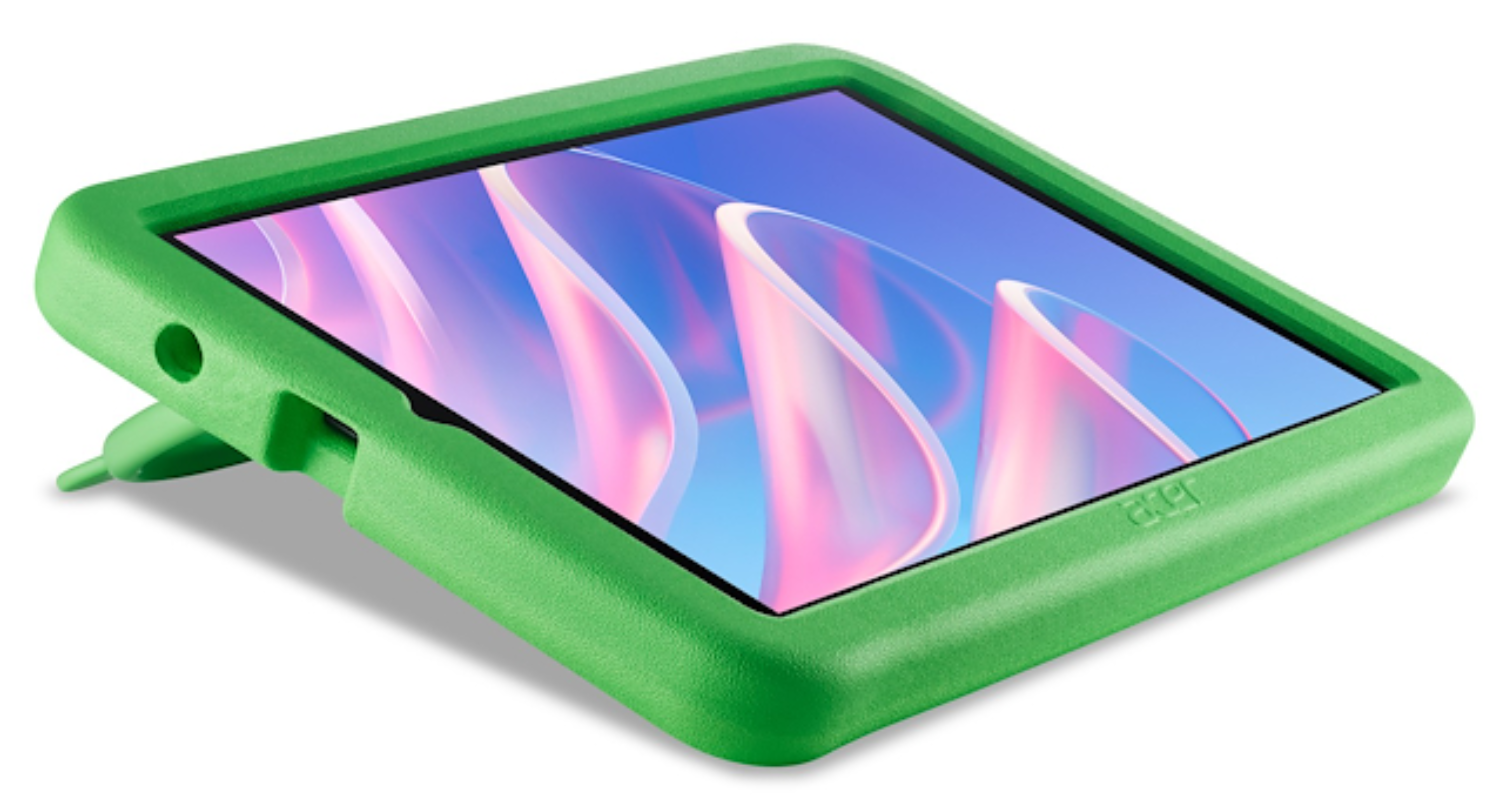 Una tableta en una funda protectora verde con soporte muestra un patrón azul y rosa en pantalla.